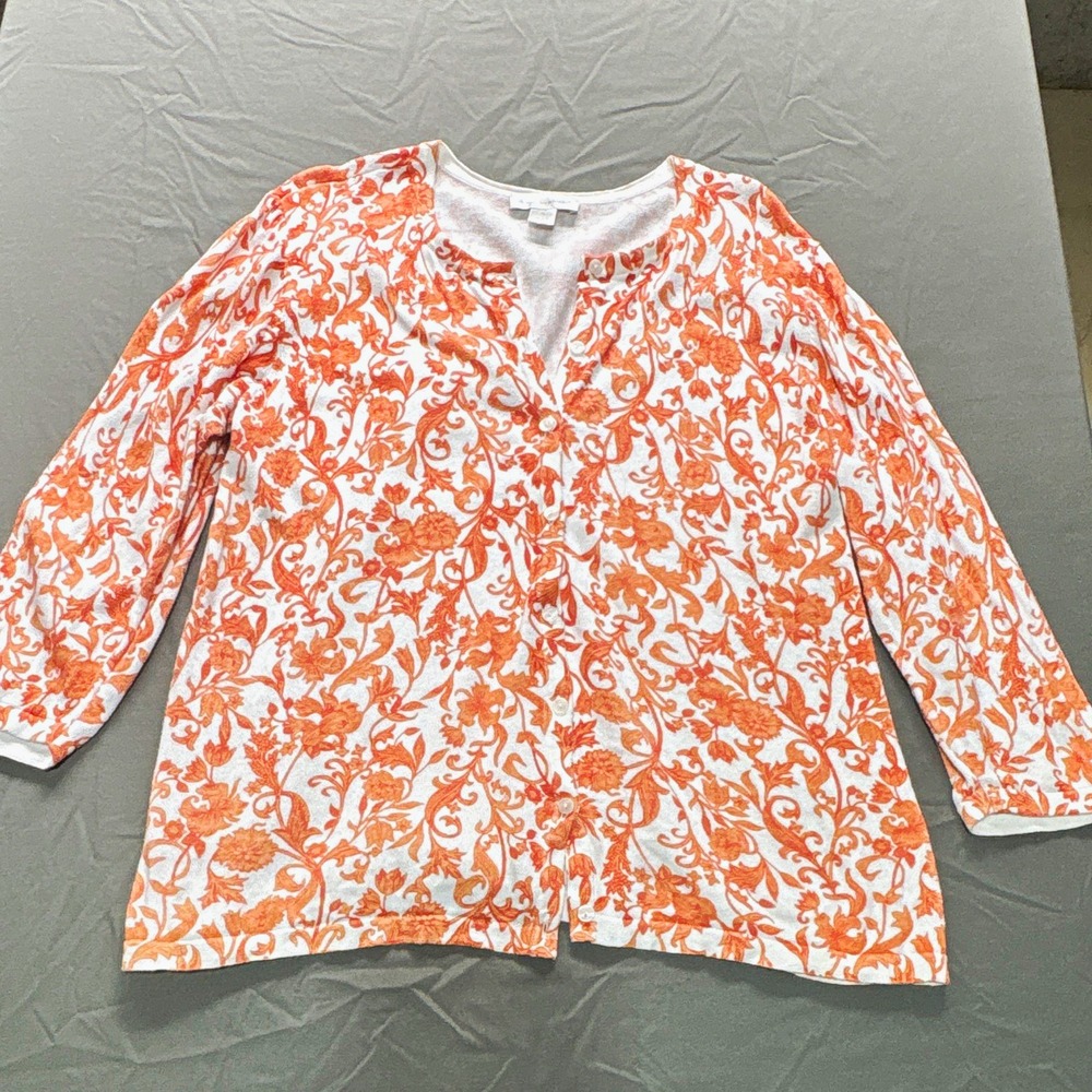 Christopher & Banks Women's XL White/Orange Floral Knit Button Cardigan Cotton